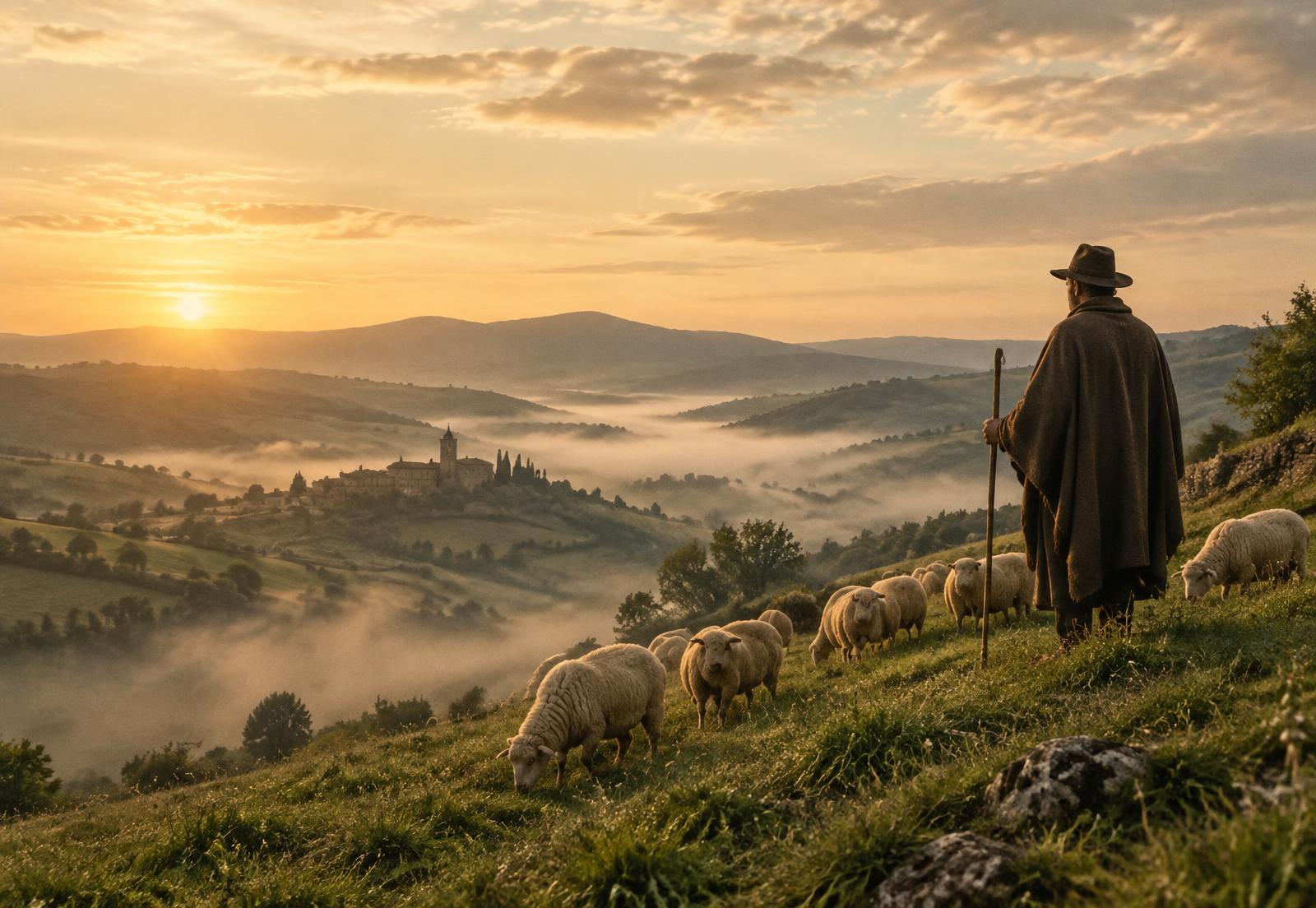 A shepherd watching over his flock at dawn
